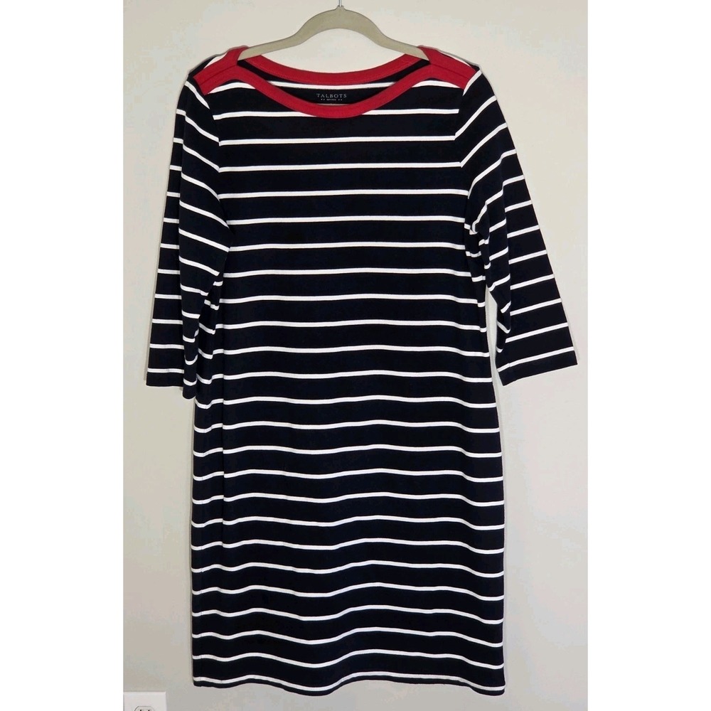 Women's Americana Sweater Dress, Talbots Blue Striped, Cotton, Medium Petite